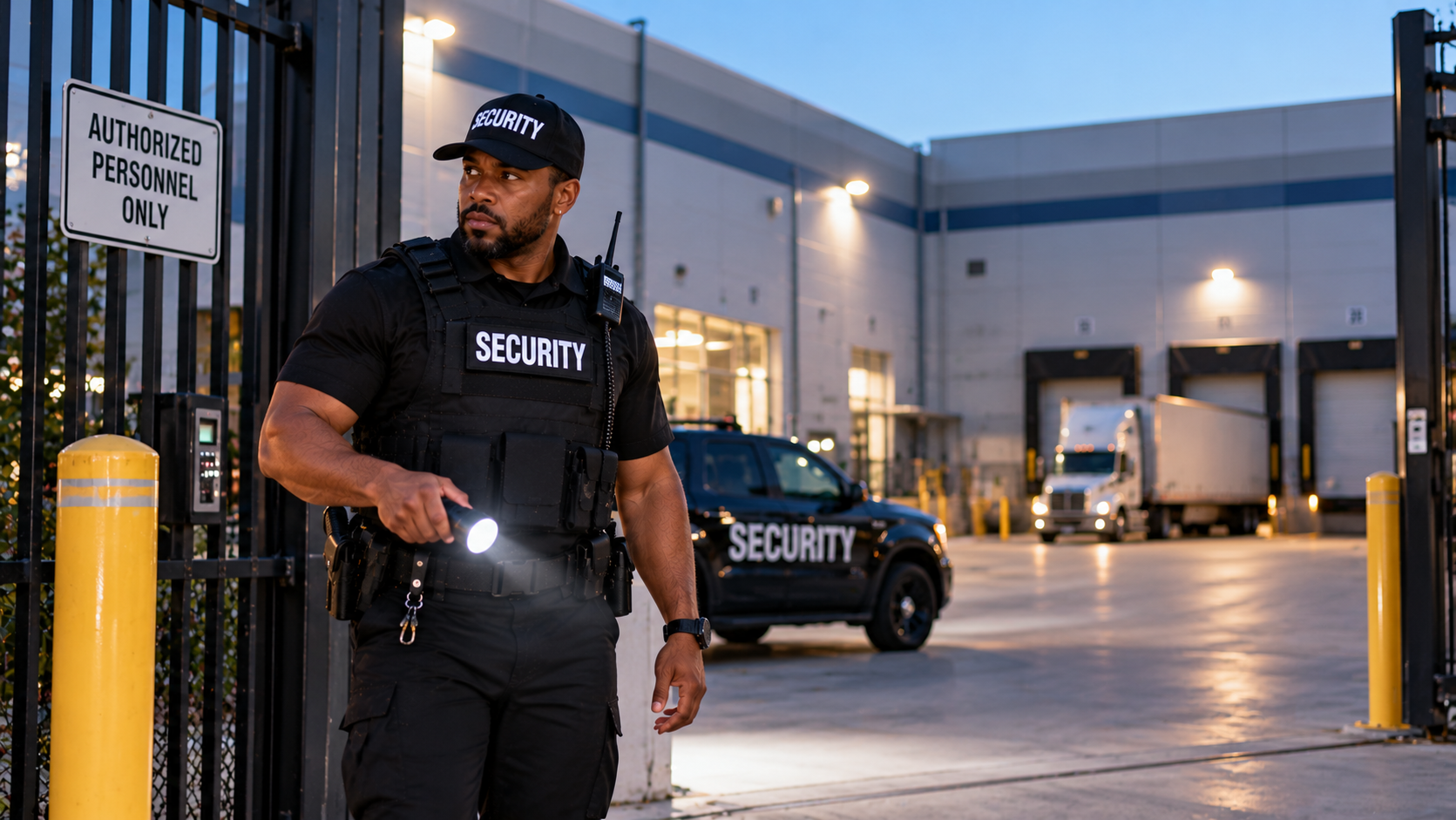 Vigilant Security Guard at Warehouse Gate